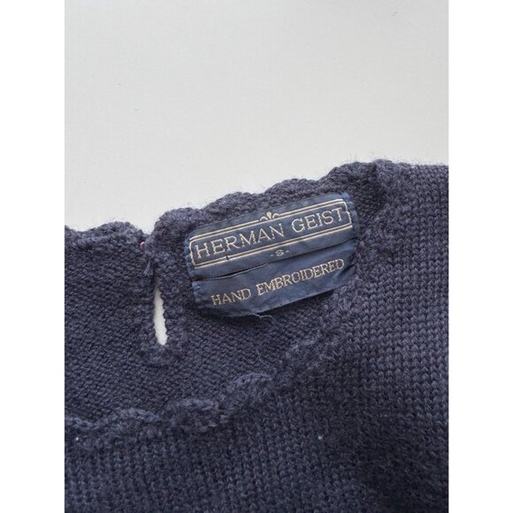 Vintage 90's HERMAN GEIST Navy Blue Knit Hand Embroidered Floral Sweater, Size S - Picture 11 of 12